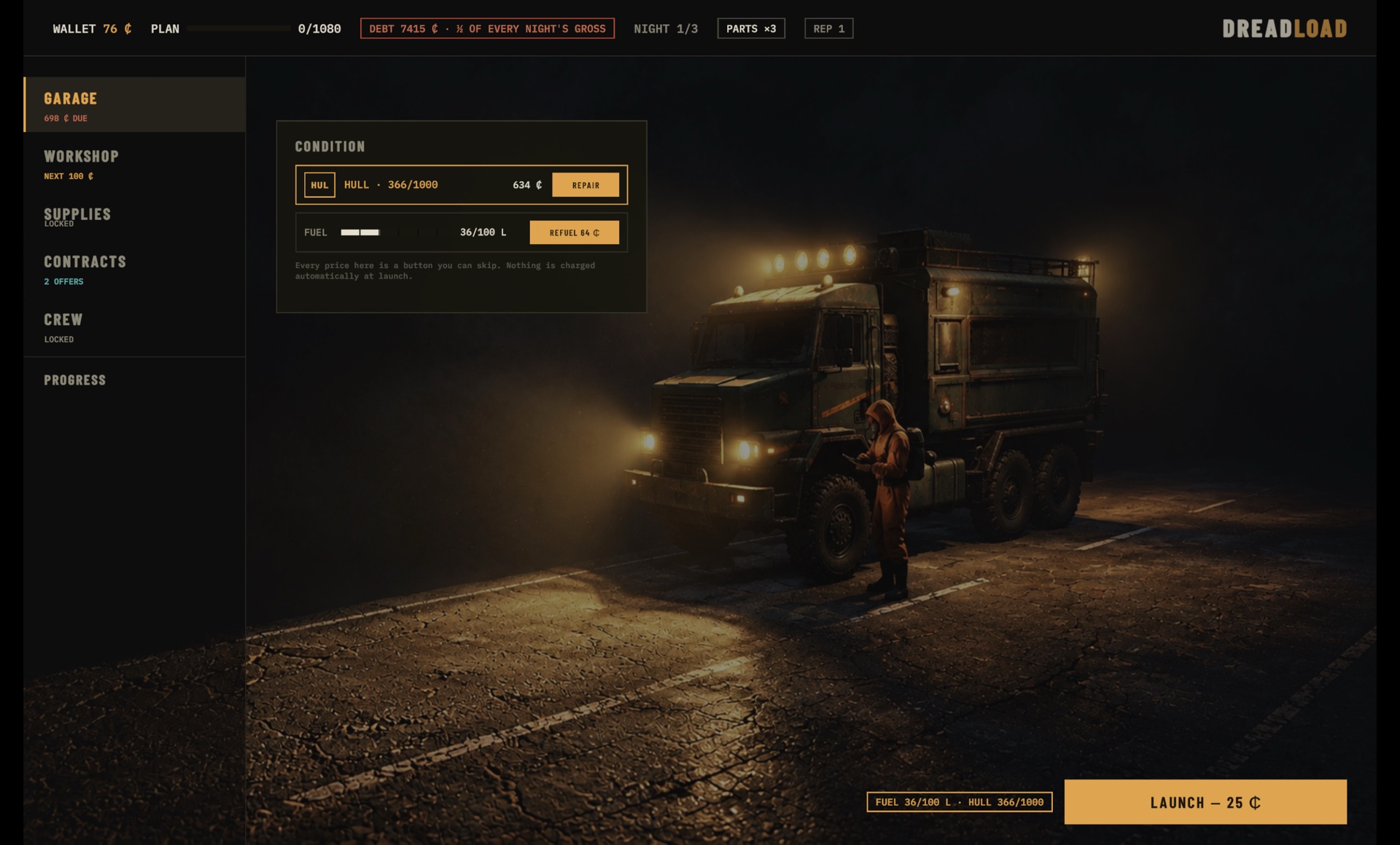 The truck at the garage, headlights in the fog